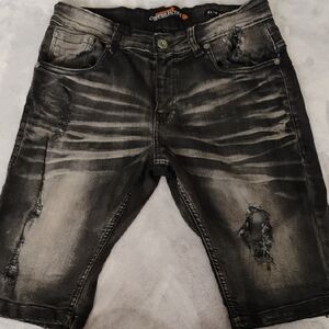 Black Distressed Jean Shorts with Faded Design
